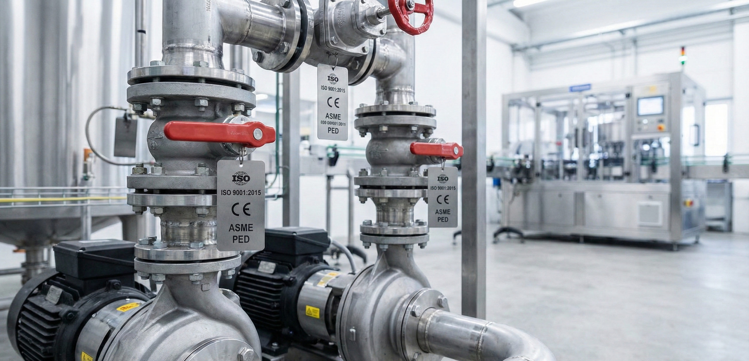 Close-up of certified industrial valves, pumps, and pipes used for EPC projects.