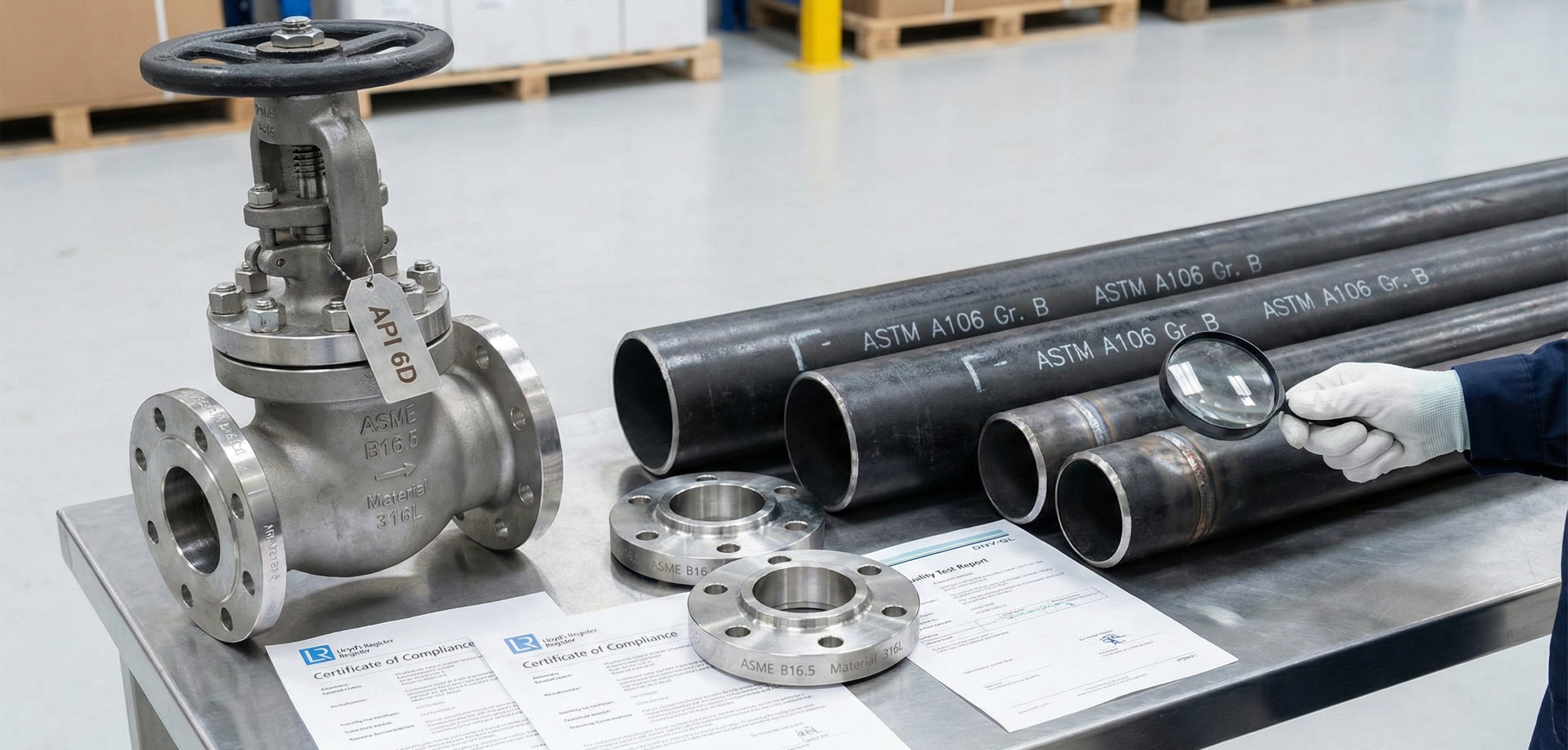 Certified pipes, valves, and fittings for industrial maintenance, emphasizing quality and reliability.