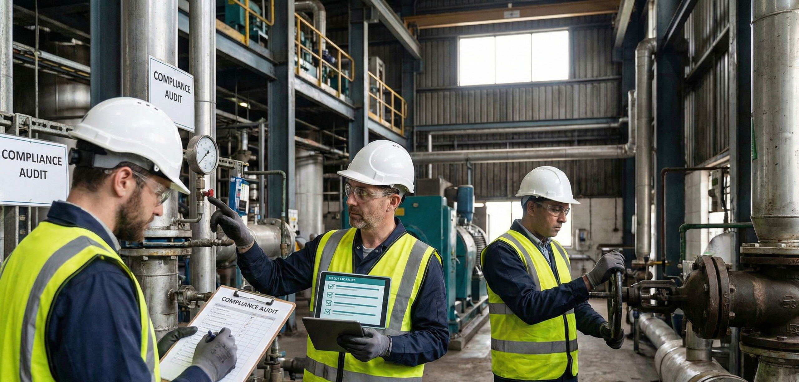 Engineers checking industrial equipment for safety and compliance standards.